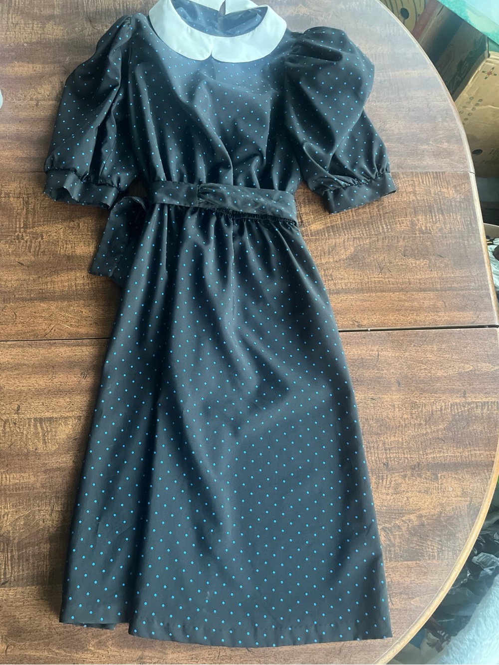 Vintage Peter Pan Collar Polka Dot Midi Dress Shoulder Pads Gothic Wednesday Sm